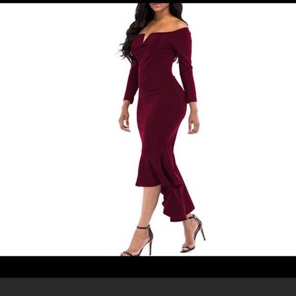 Women Midi Bodycon Dress Long Sleeve V Neck Cocktail Dress RED WiNE - Picture 3 of 3